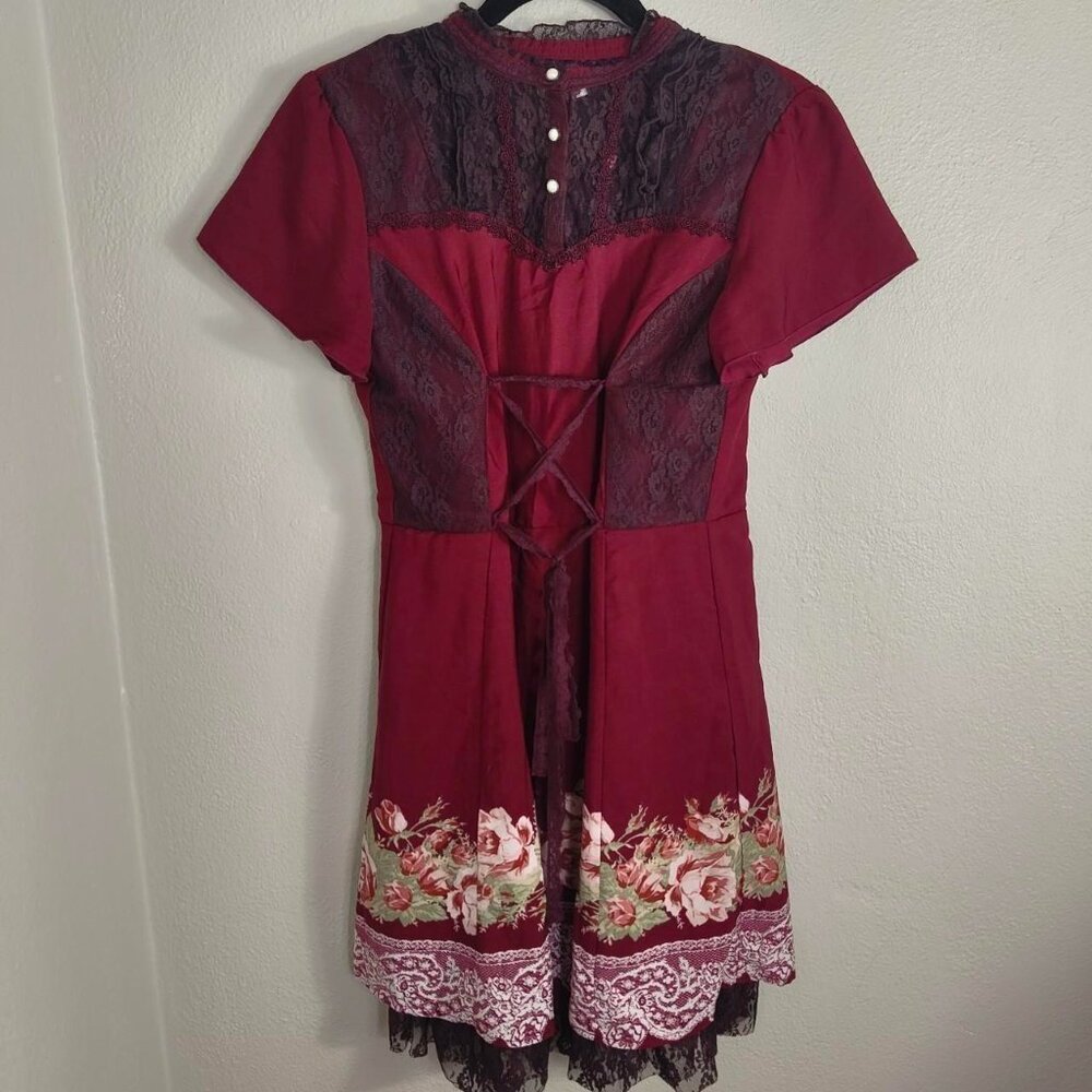 Axes Femme Burgundy, Cream, Black Lacy Floral Jfashion Coquette Lolita Dress Med